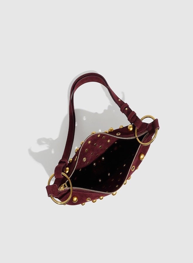 JHTPSLR Studded Shoulder Purses for Women Gold Studs Punk Rock Y2k Suede Purse Handbags Trendy Purse 2025 (Wine Red) - Image 5