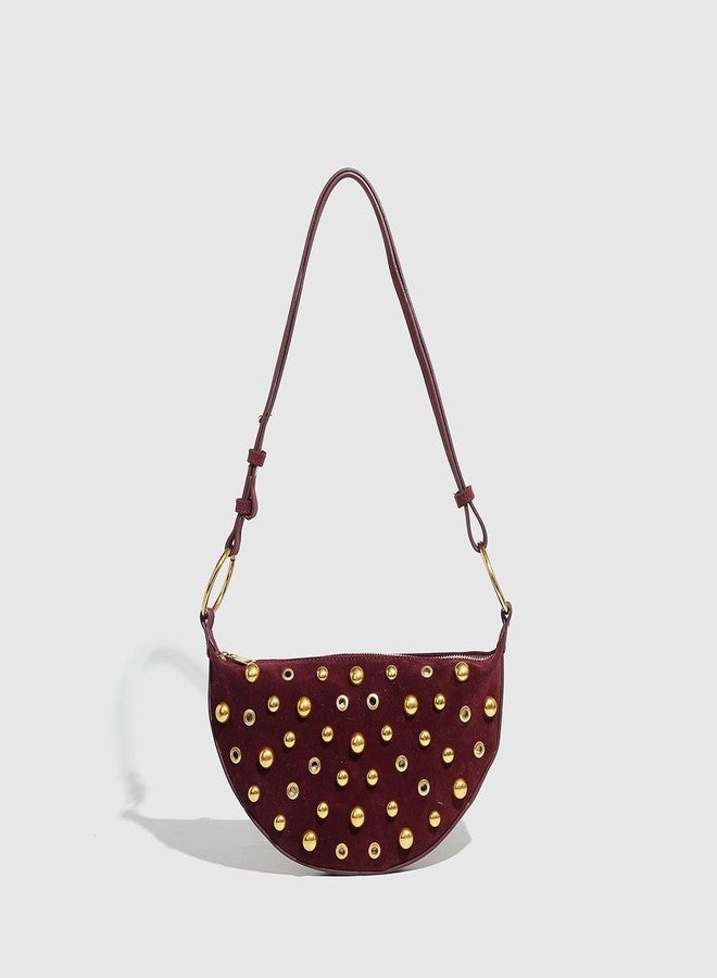 JHTPSLR Studded Shoulder Purses for Women Gold Studs Punk Rock Y2k Suede Purse Handbags Trendy Purse 2025 (Wine Red) - Image 2