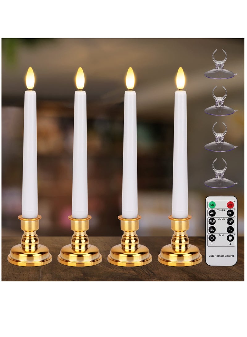 SYOSI Flameless Taper Candles Flickering with Remote and Timer Window Candles with Gold Candlesticks and Suction Cups 8 Inch Warm White 3D Flame Candle - Image 1