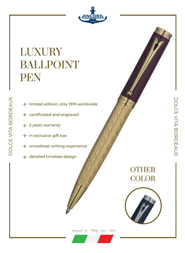 Ancora 1919 Dolce Vita Bordeaux Limited 1919 Edition Refillable Ballpoint Pen - 24K Gold Trim - Engraved Luxury Pen - Gift for Men & Women - Blue Ink