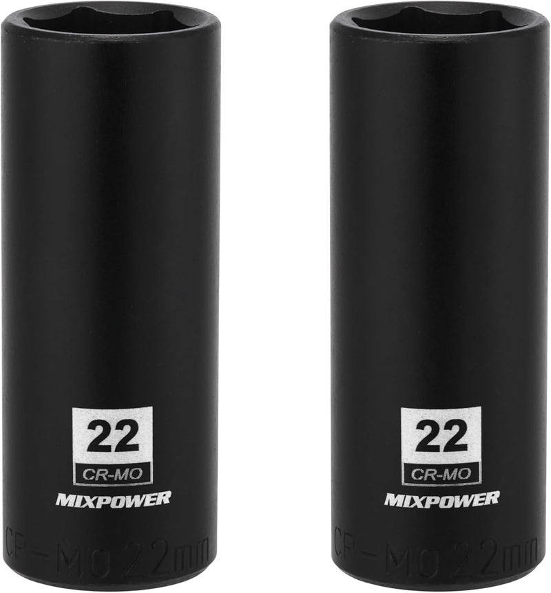MIXPOWER 2 Pieces 1/2 Inch Drive Deep Impact Socket, CR-MO, 22mm, 6 Point, Radius Corner Design, Axle Nut Impact Grade Socket for Easy Removal, 2PCS Set - Image 1