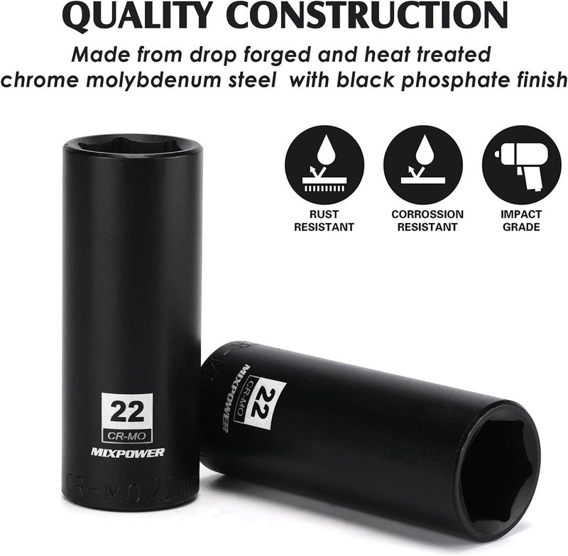 MIXPOWER 2 Pieces 1/2 Inch Drive Deep Impact Socket, CR-MO, 22mm, 6 Point, Radius Corner Design, Axle Nut Impact Grade Socket for Easy Removal, 2PCS Set - Image 5
