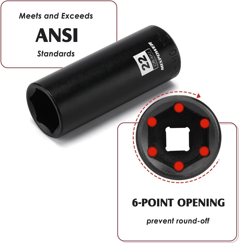 MIXPOWER 2 Pieces 1/2 Inch Drive Deep Impact Socket, CR-MO, 22mm, 6 Point, Radius Corner Design, Axle Nut Impact Grade Socket for Easy Removal, 2PCS Set - Image 3