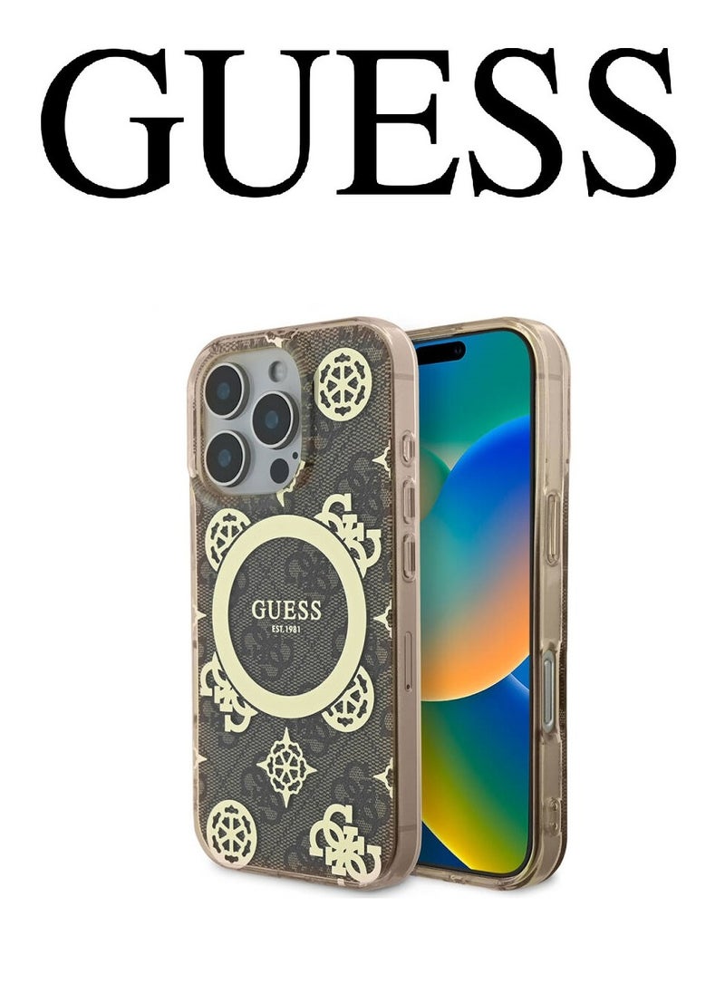 CG MOBILE - iPhone 16 Pro Case, supports wireless charging MagSafe, transparent Golden-Brown with original logo and approved design from the global brand Guess. From CG Mobile. - Image 1