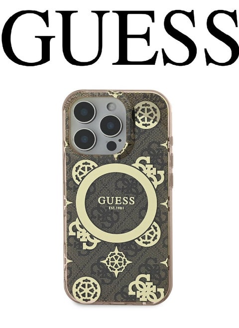 iPhone 16 Pro Case, supports wireless charging MagSafe, transparent Golden-Brown with original logo and approved design from the global brand Guess. From CG Mobile.