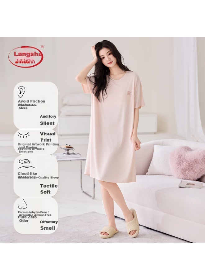 LANG SHA Langsha Women's Summer Nightdress With Built-in Bra Pad, Modal-like Cooling Seamless Nude-feel Sleepwear, Peach Pink, Suitable For Home And Outdoor Wear - Image 5