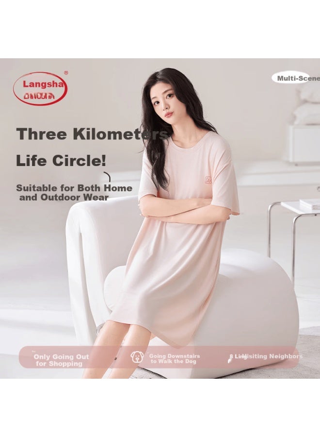 LANG SHA Langsha Women's Summer Nightdress With Built-in Bra Pad, Modal-like Cooling Seamless Nude-feel Sleepwear, Peach Pink, Suitable For Home And Outdoor Wear - Image 4