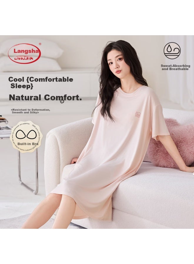 LANG SHA Langsha Women's Summer Nightdress With Built-in Bra Pad, Modal-like Cooling Seamless Nude-feel Sleepwear, Peach Pink, Suitable For Home And Outdoor Wear - Image 1