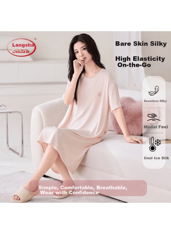 LANG SHA Langsha Women's Summer Nightdress With Built-in Bra Pad, Modal-like Cooling Seamless Nude-feel Sleepwear, Peach Pink, Suitable For Home And Outdoor Wear - Image 3