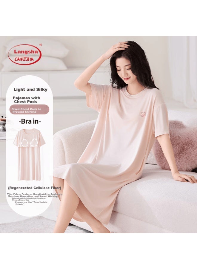 LANG SHA Langsha Women's Summer Nightdress With Built-in Bra Pad, Modal-like Cooling Seamless Nude-feel Sleepwear, Peach Pink, Suitable For Home And Outdoor Wear - Image 2