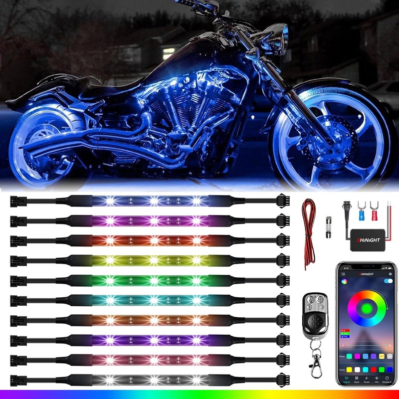 Brightronic SHINIGHT 10 Pcs Motorcycle LED Light Kits, App Control Multicolor Waterproof Strip Lights with RF Remote, Music Sync & Multiple Scene Modes RGB for Motorcycles - Image 1