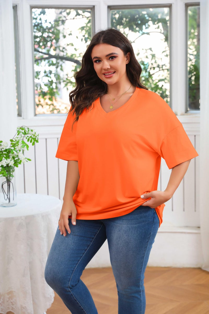 Fisoew Women's Plus Size V Neck T Shirts Summer Half Sleeve Tees Casual Loose Fit Cotton Tunic Tops - Image 3