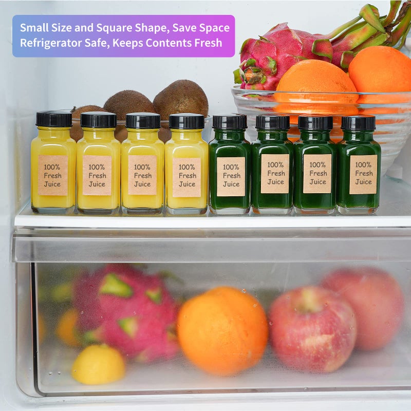 Syntic Clear Reusable Ginger Shot Bottles with Caps - 8 Pack 2 oz Small Square Glass Jars with 8 Sealed Conical Inner Caps & 8 Airtight Lids  Wide Mouth Juice bottles for Fridge  Extra Sticker  Funnel - Image 2