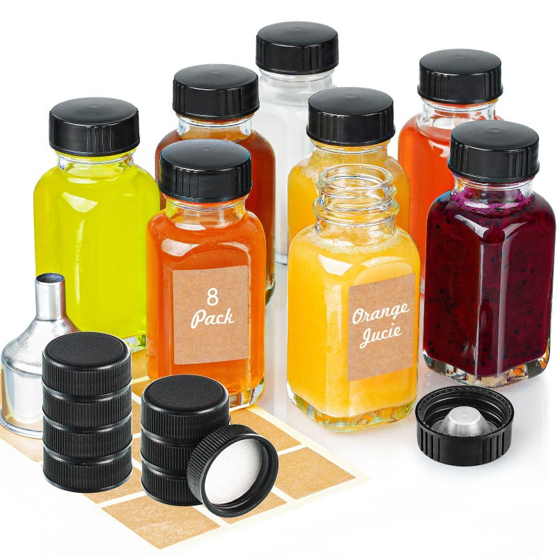 Syntic Clear Reusable Ginger Shot Bottles with Caps - 8 Pack 2 oz Small Square Glass Jars with 8 Sealed Conical Inner Caps & 8 Airtight Lids  Wide Mouth Juice bottles for Fridge  Extra Sticker  Funnel - Image 1