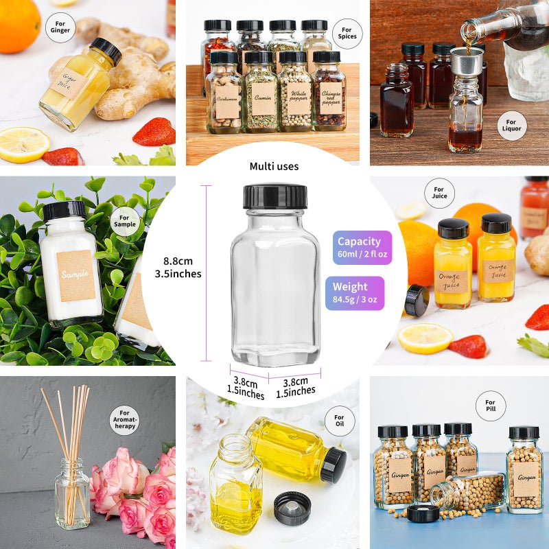 Syntic Clear Reusable Ginger Shot Bottles with Caps - 8 Pack 2 oz Small Square Glass Jars with 8 Sealed Conical Inner Caps & 8 Airtight Lids  Wide Mouth Juice bottles for Fridge  Extra Sticker  Funnel - Image 5