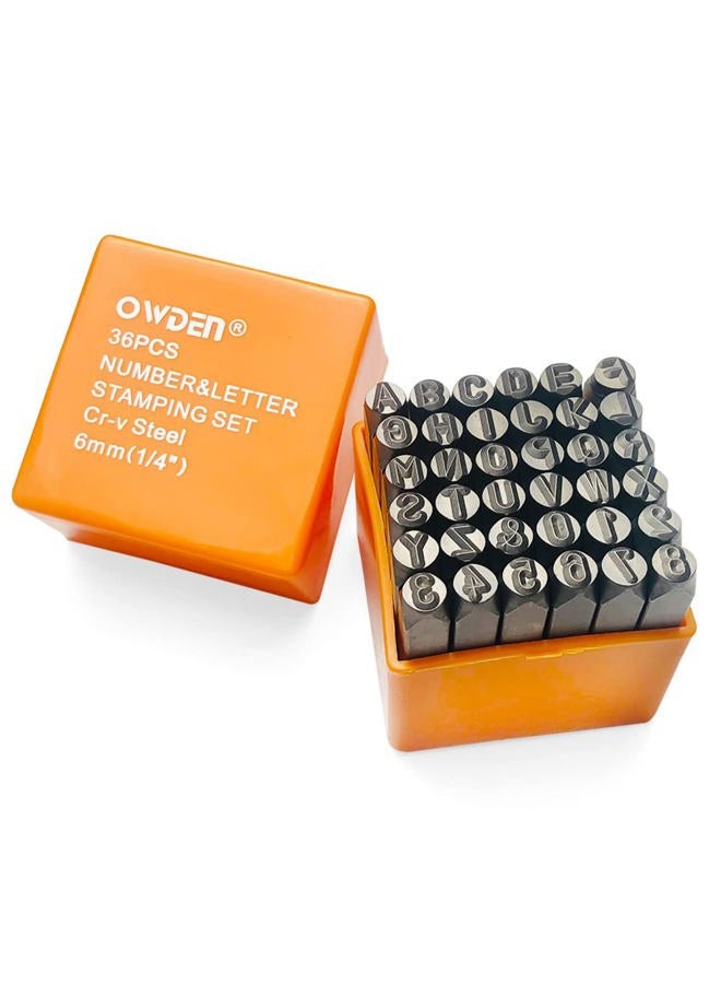 OWDEN Professional 36Pcs. Steel Metal Stamp Set,(1/4”) 6mm,Steel Number and Letter Punch Set,Alloy Steel Made HRC 58-62 for Jewelry Craft Stamping. - Image 1