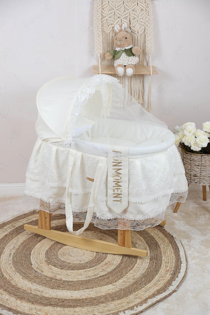 Moses Basket Iron Sugar Luxury Lace Newborn Baby Bed with Wooden Rocking Stand - Image 1