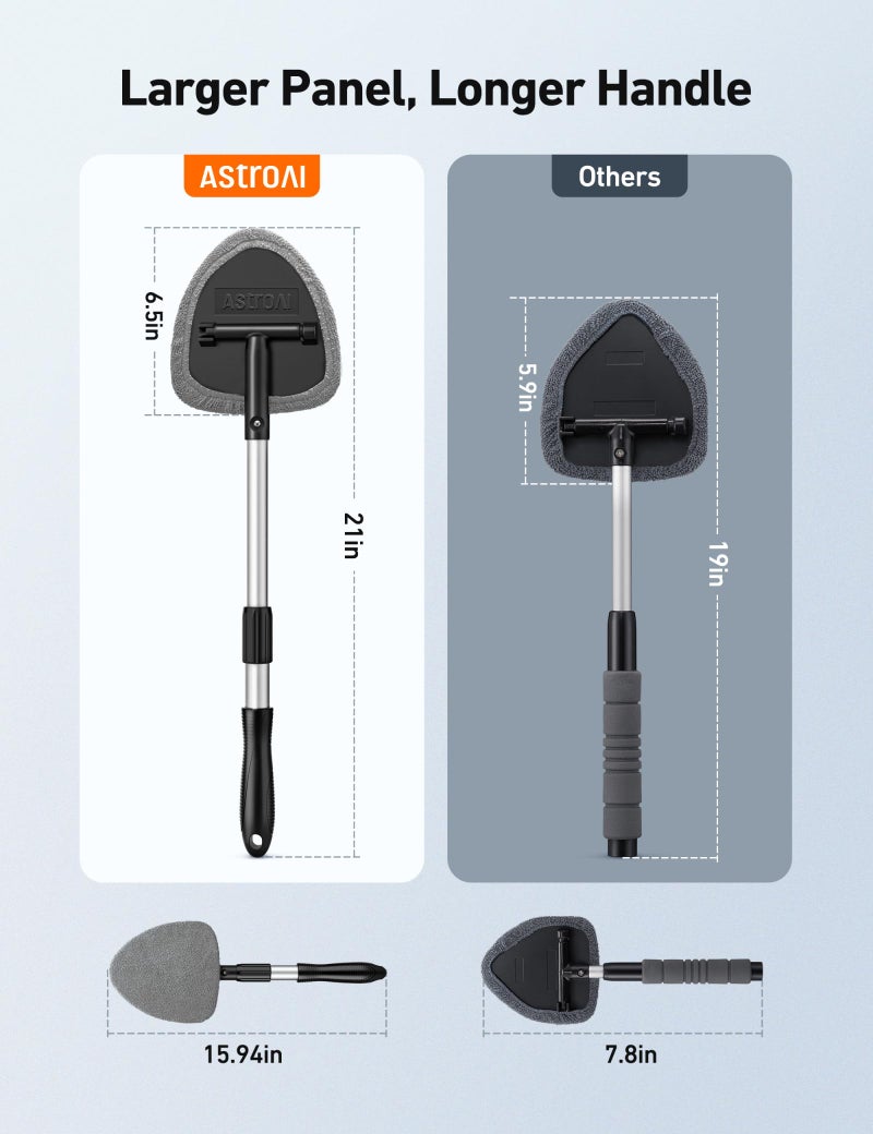 AstroAI أداة تنظيف زجاج السيارة من أسترو إيه آي، مجموعة تنظيف داخلية للسيارة مع مقبض قابل للتمديد و4 وسادات ميكروفايبر قابلة لإعادة الاستخدام، مجموعة فرشاة مساحات زجاج السيارات، سيارات، شاحنات، سيارات الدفع الرباعي، رمادي - Image 2