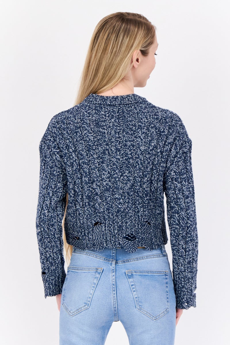 Don't Call Me Jennyfer Women Crew Neck Crochet Sweater, Navy  - Image 3