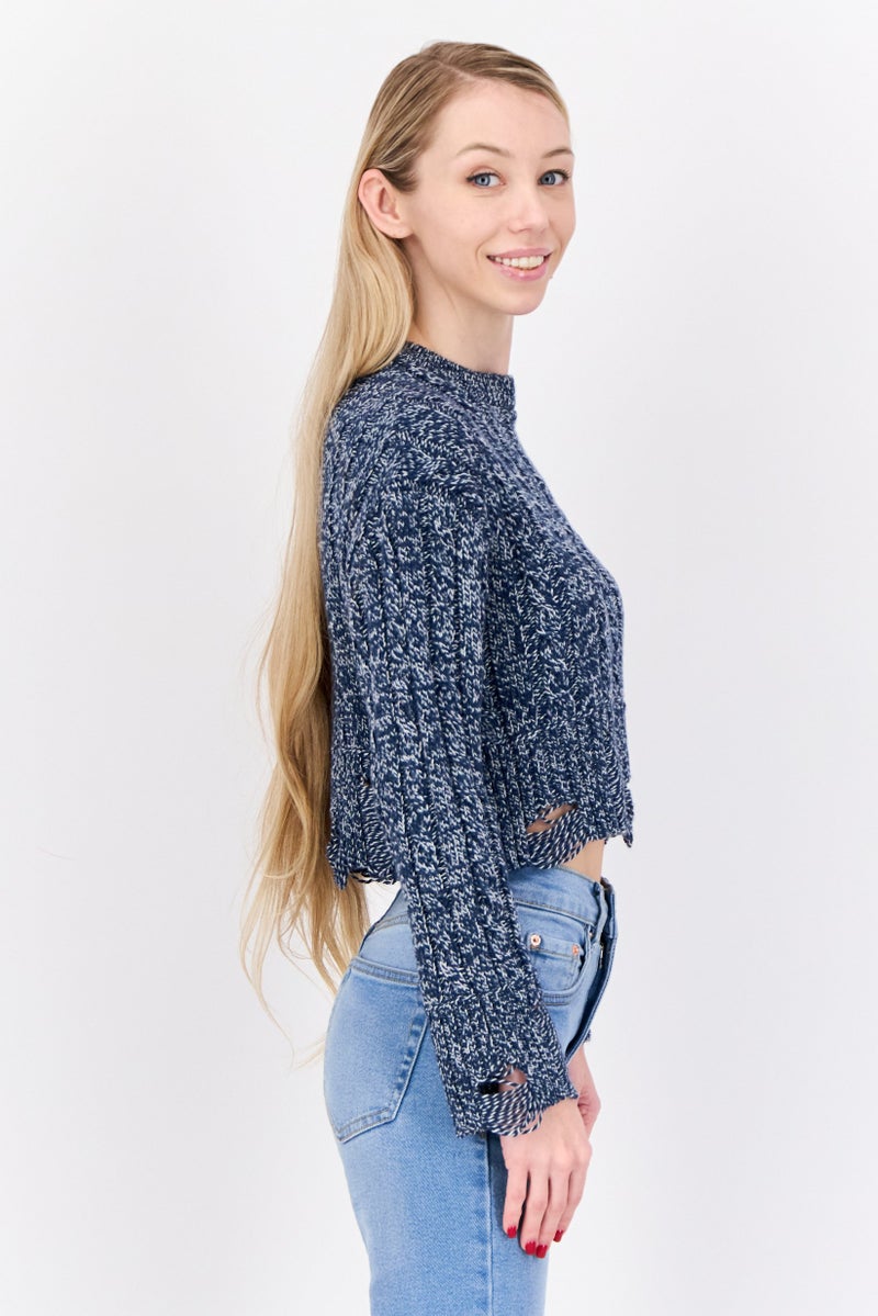 Don't Call Me Jennyfer Women Crew Neck Crochet Sweater, Navy  - Image 2