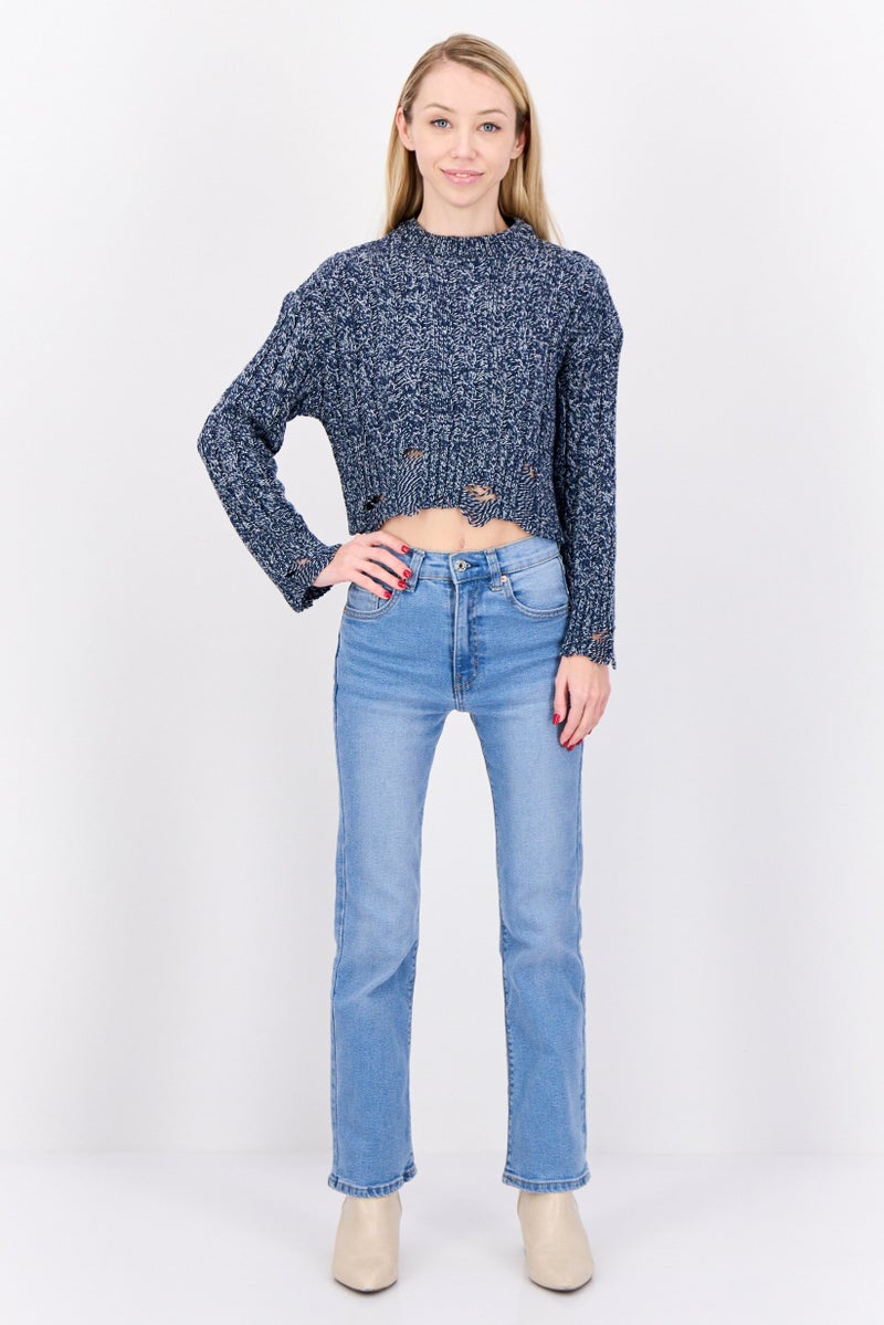 Don't Call Me Jennyfer Women Crew Neck Crochet Sweater, Navy  - Image 4