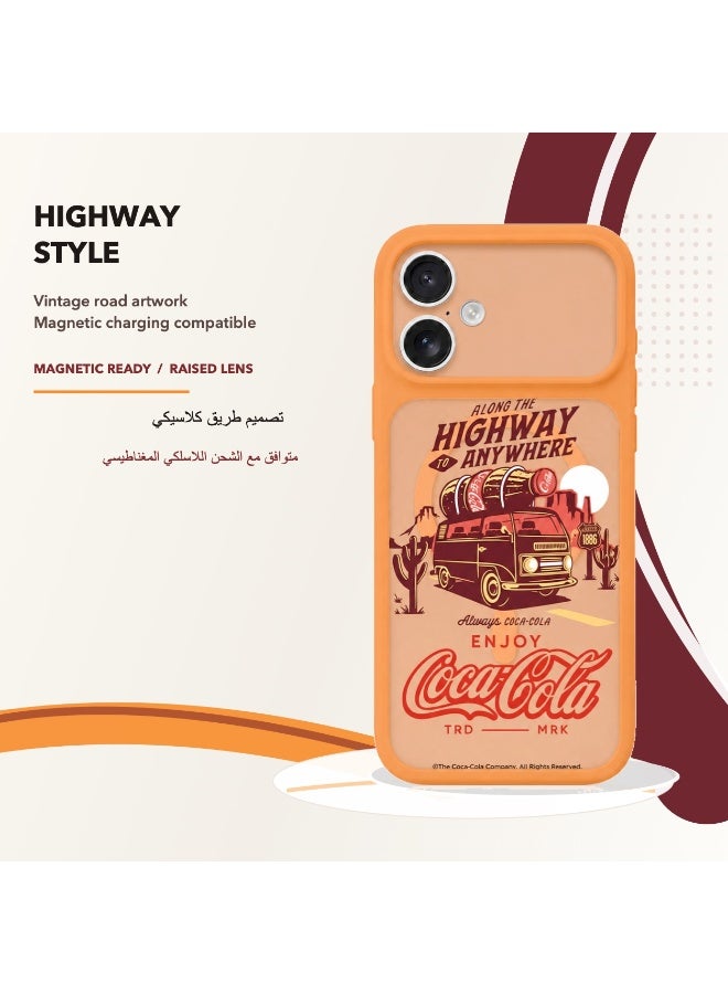 Coca-Cola iPhone 17 Magnetic Phone Case, Slim Protective Cover with Highway Adventure Artwork, Raised Camera Protection, Matte TPU, Orange - Image 1