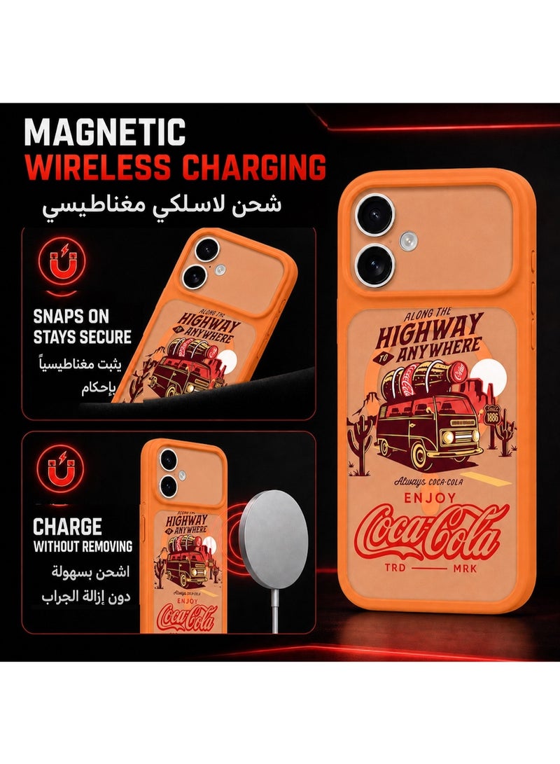 Coca-Cola iPhone 17 Magnetic Phone Case, Slim Protective Cover with Highway Adventure Artwork, Raised Camera Protection, Matte TPU, Orange - Image 2