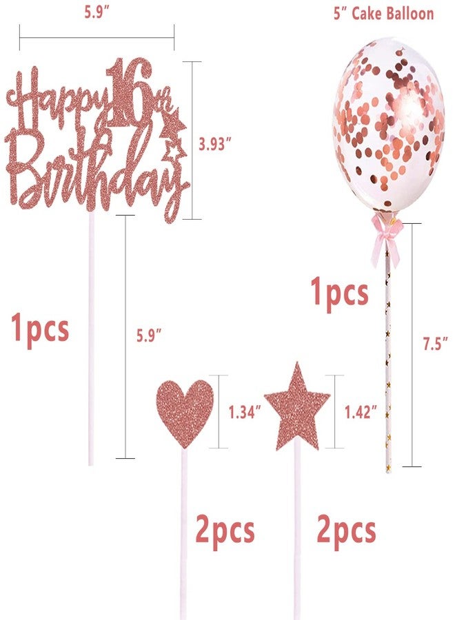 IEALODS 16th Happy Birthday Cake Topper, Rose Gold Glitter 16th Birthday Cake Topper with Balloon Cake Topper for Girl Birthday Cake Decorations - Image 2