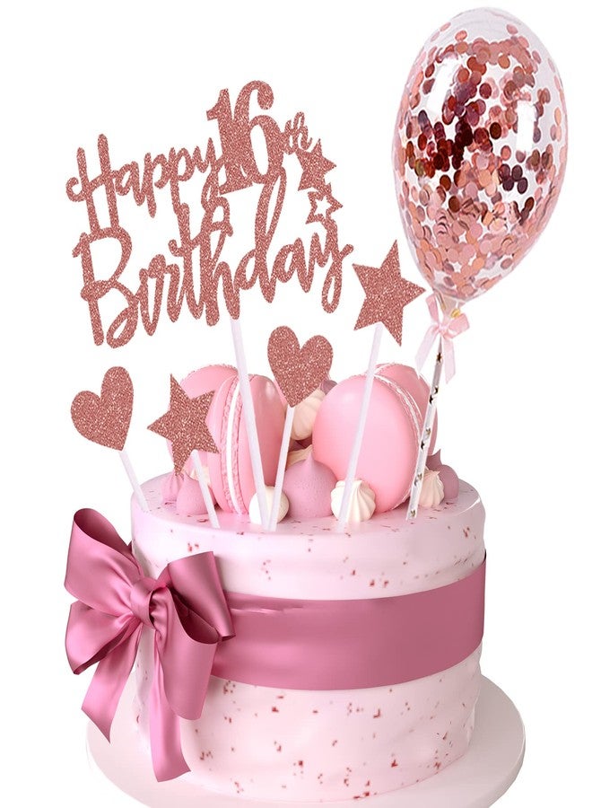 IEALODS 16th Happy Birthday Cake Topper, Rose Gold Glitter 16th Birthday Cake Topper with Balloon Cake Topper for Girl Birthday Cake Decorations - Image 1