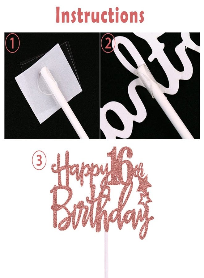 IEALODS 16th Happy Birthday Cake Topper, Rose Gold Glitter 16th Birthday Cake Topper with Balloon Cake Topper for Girl Birthday Cake Decorations - Image 4