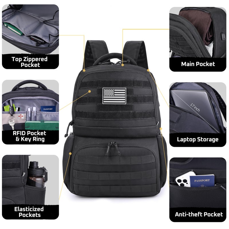 MOZETO Laptop Lunch Backpack for Men, Tactical Inspired Utility Anti-Theft Work Bag with Cooler Compartment Lunchbox (Black, 17 Inch) - Image 2