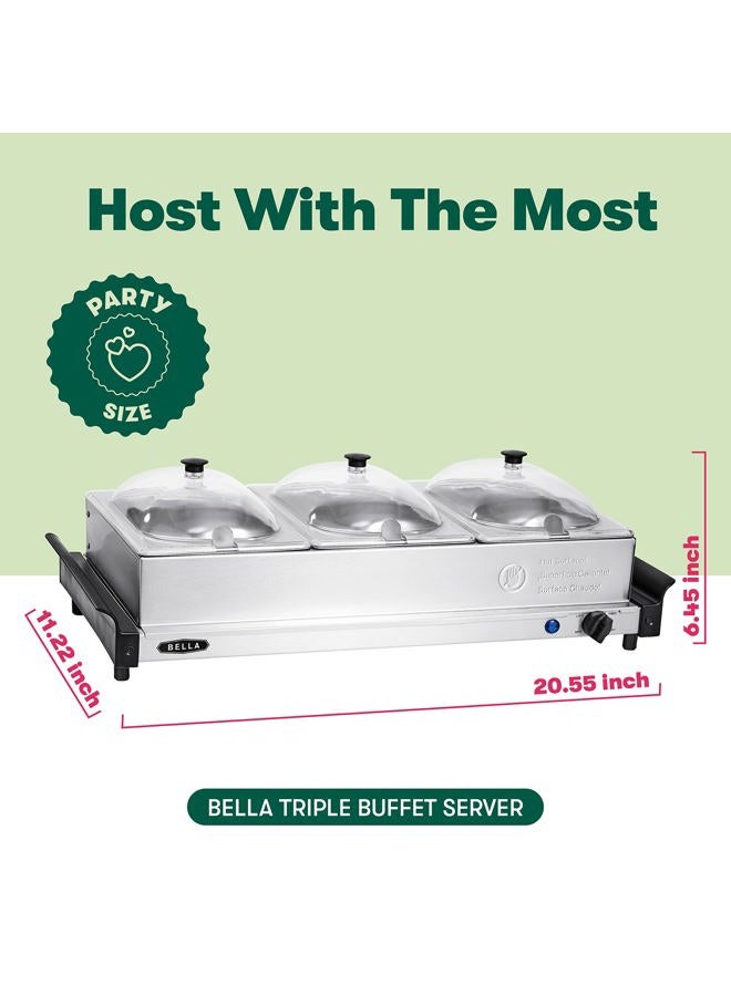 BELLA 3 x 1.5 Quart Triple Electric Buffet Server, Food Warming Tray & Slow Cooker - Brushed Stainless Steel Heated Serving Station for Parties & Catering - Image 2