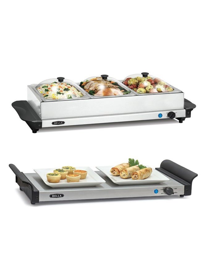 BELLA 3 x 1.5 Quart Triple Electric Buffet Server, Food Warming Tray & Slow Cooker - Brushed Stainless Steel Heated Serving Station for Parties & Catering - Image 1