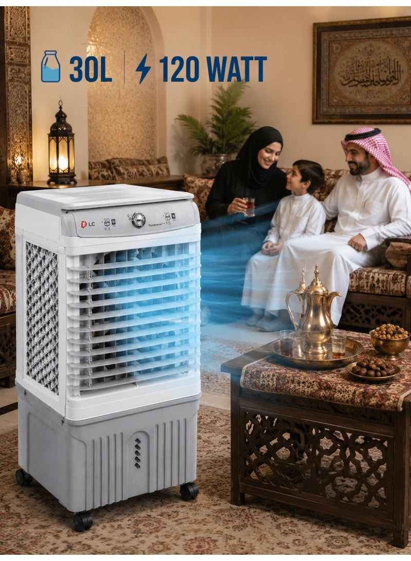 دي إل سي  مبرد هواء صحراوي سعة 30 لترًا - مبرد هواء تبخيري محمول بثلاث سرعات، مزود بلوحة تبريد على شكل خلية نحل وصندوق ثلج، مبرد موفر للطاقة بقدرة 120 واط للمنزل والمكتب - Image 4