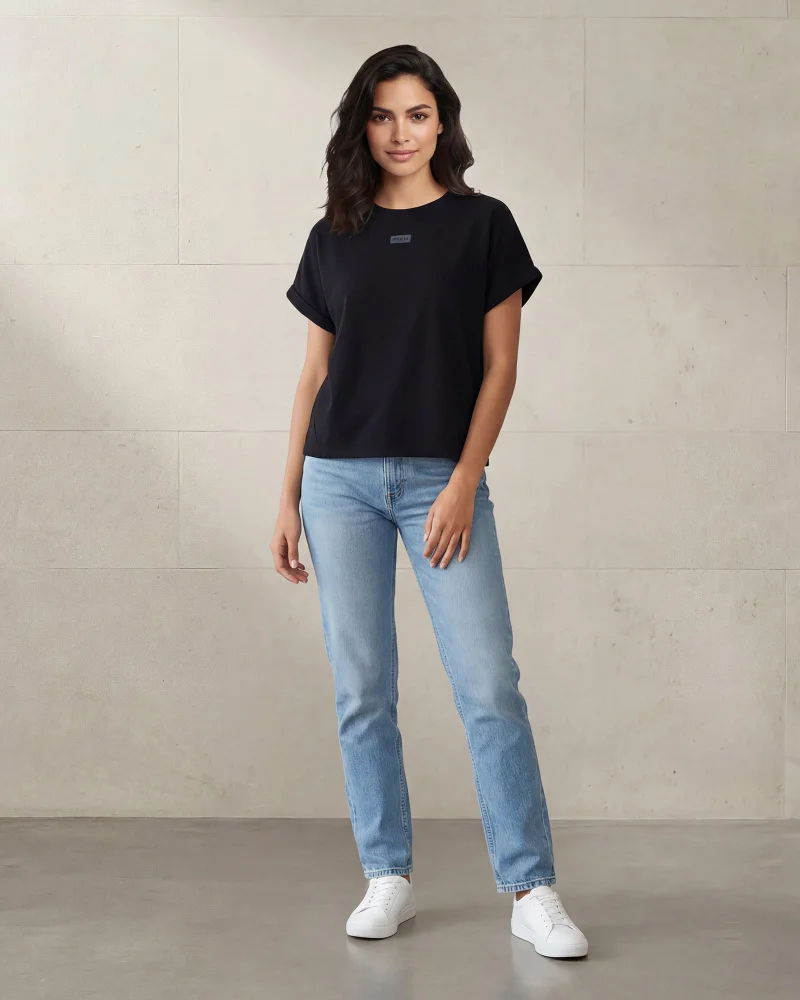 Redtag Women Black Crew Neck Side Rouching Active T-Shirt