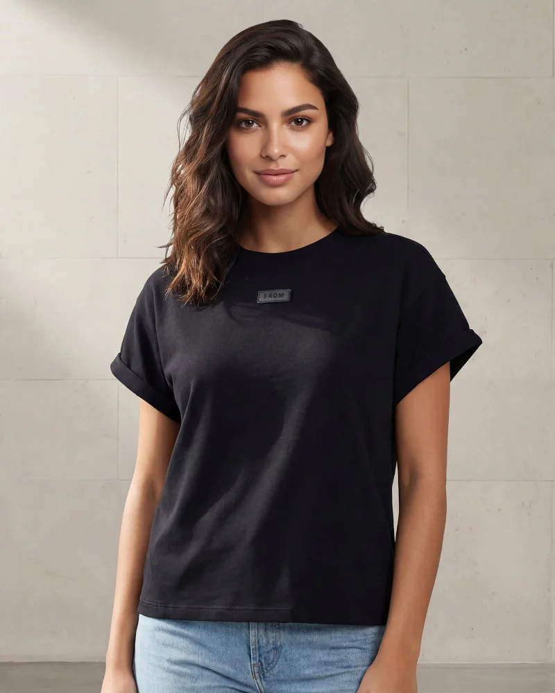 Redtag Women Black Crew Neck Side Rouching Active T-Shirt