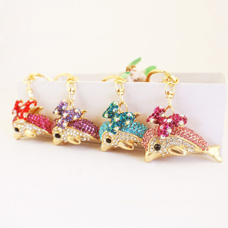 Creative Cute Bow Rhinestone Dolphin Car Keychain Marine Animal Pendant Key Chain Small Gift 484 - Image 1