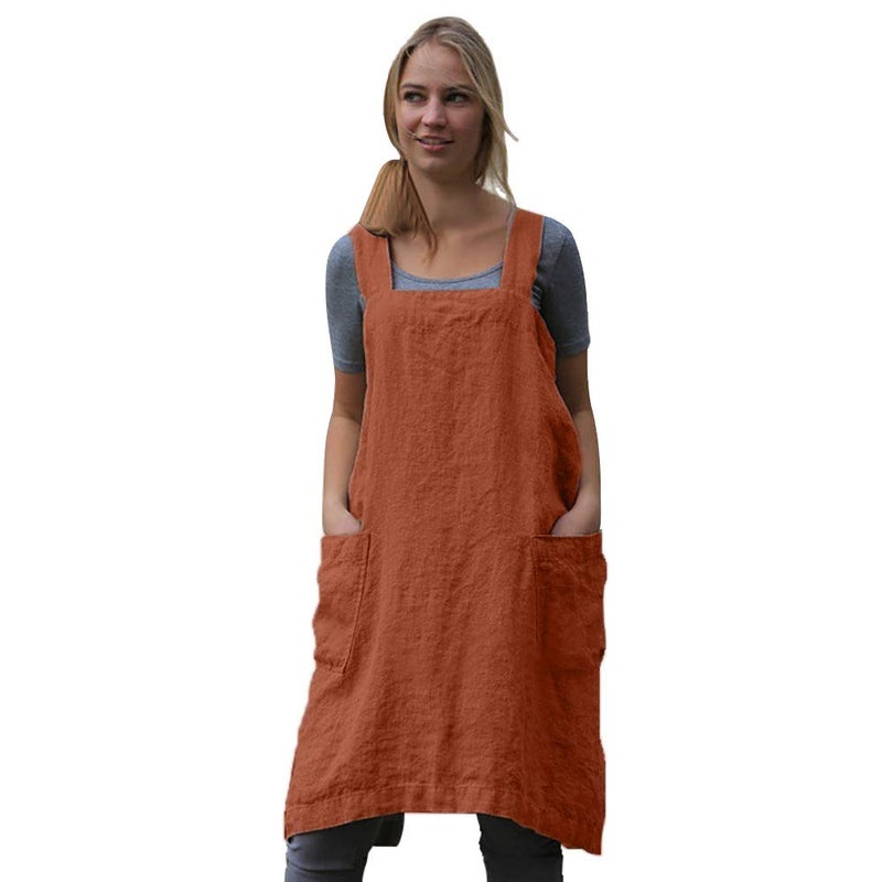 Womens Pinafore Square Apron Baking Cooking Gardening Works Cross Back CottonLinen Blend Dress with 2 Pockets OrangeS