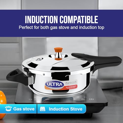 Ultra Duracook Pressure Cooker 3.5 Litre | AISI 304 Food Grade Stainless Steel Cooker with 10 Years Warranty | High-Impact Composite Base | Bakelite Handles | Spillage Control | Induction Compatible - Image 2