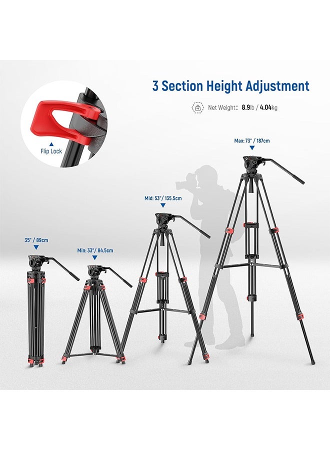 NEEWER Basic 74" Video Tripod with Fluid Head , Metal Camera Tripod with Smooth Friction Damping, Mid Level Spreader, Quick Release Plate Compatible with Manfrotto 501, Max Load 17.6lb, TP37 - Image 2