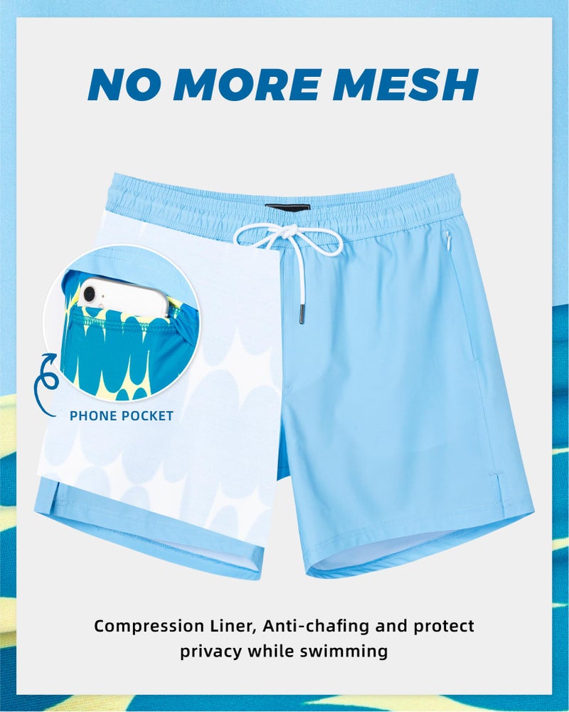 SURF CUZ Mens Swim Trunks with Compression Liner Mens Swimming Trunks 5 Inch Bathing Suit with Zipper Pockets Quick Dry Swim Shorts Light Blue Print Medium - Image 2