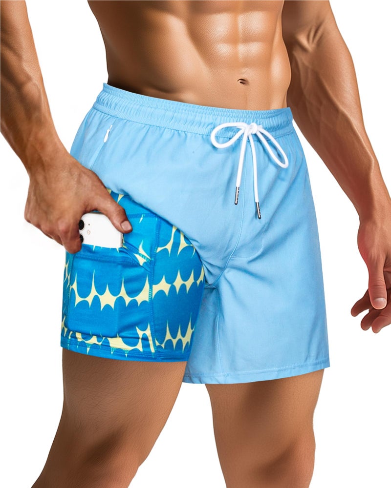 SURF CUZ Mens Swim Trunks with Compression Liner Mens Swimming Trunks 5 Inch Bathing Suit with Zipper Pockets Quick Dry Swim Shorts Light Blue Print Medium - Image 4