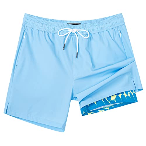 SURF CUZ Mens Swim Trunks with Compression Liner Mens Swimming Trunks 5 Inch Bathing Suit with Zipper Pockets Quick Dry Swim Shorts Light Blue Print Medium - Image 1
