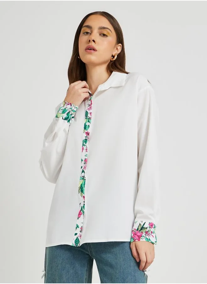 تايك تو Take Two Printed Trim Detail Spread Collar Oversized Shirt