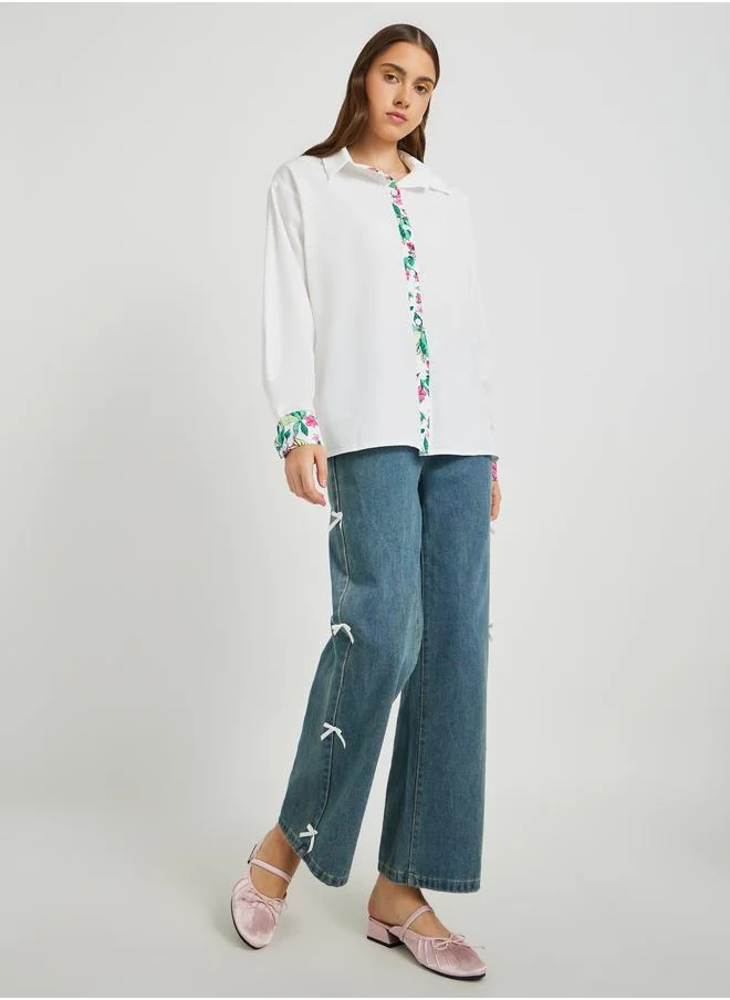 تايك تو Take Two Printed Trim Detail Spread Collar Oversized Shirt