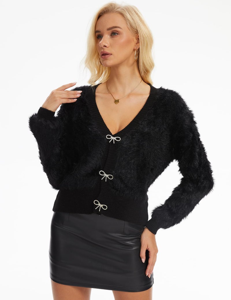Yimoon Women's Cropped Fuzzy Cardigan Sweater Bowknot Brooch Button Knit Cardigans V Neck Long Sleeve Soft Knitwear(Black-L) - Image 2