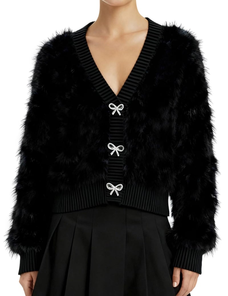 Yimoon Women's Cropped Fuzzy Cardigan Sweater Bowknot Brooch Button Knit Cardigans V Neck Long Sleeve Soft Knitwear(Black-L) - Image 1