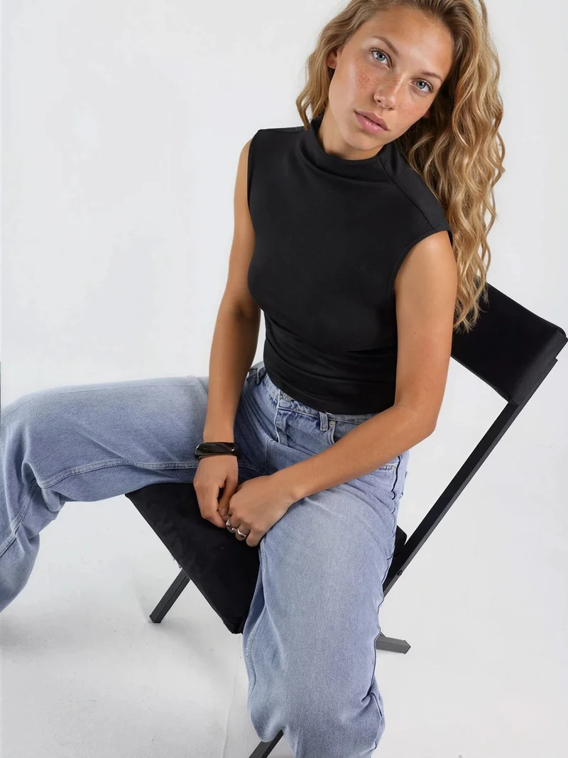 Hiccup Black Modal Touch Half Turtleneck Crop Top for Women | Best Price UAE