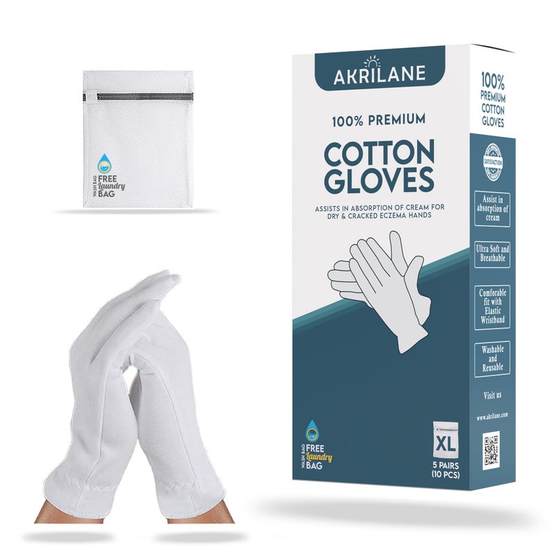 AKRILANE XL Extra Large 5 Pairs 100 Premium Cotton Gloves for Dry Hands Moisturizing Overnight Gloves for Eczema Psoriasis Skin Spa Treatment for Women Men Washable Reusable with Free Laundry Bag