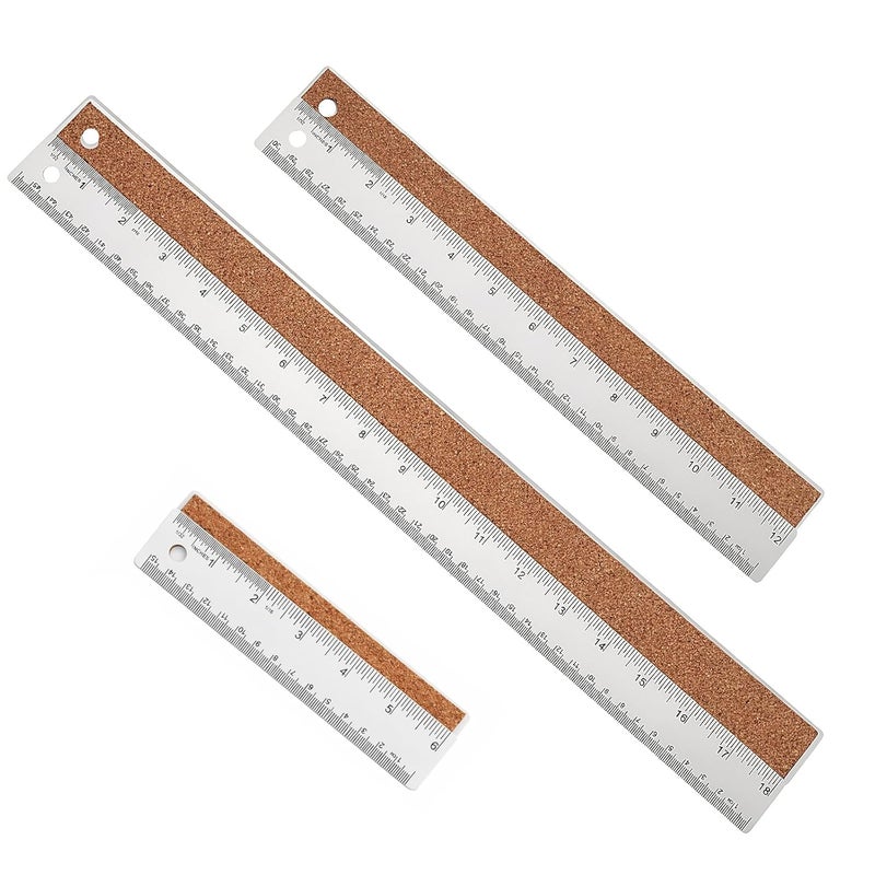 WSICSE 6+12+18 Inch Stainless Steel Metal Ruler with Cork Backing, Non-Slip, Inch and Centimeter Scale - Image 1